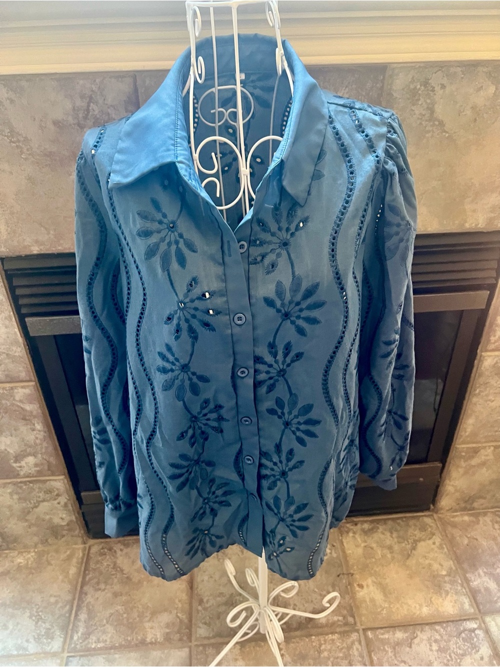 Women's Blue Embroidered Button-Up Shirt large